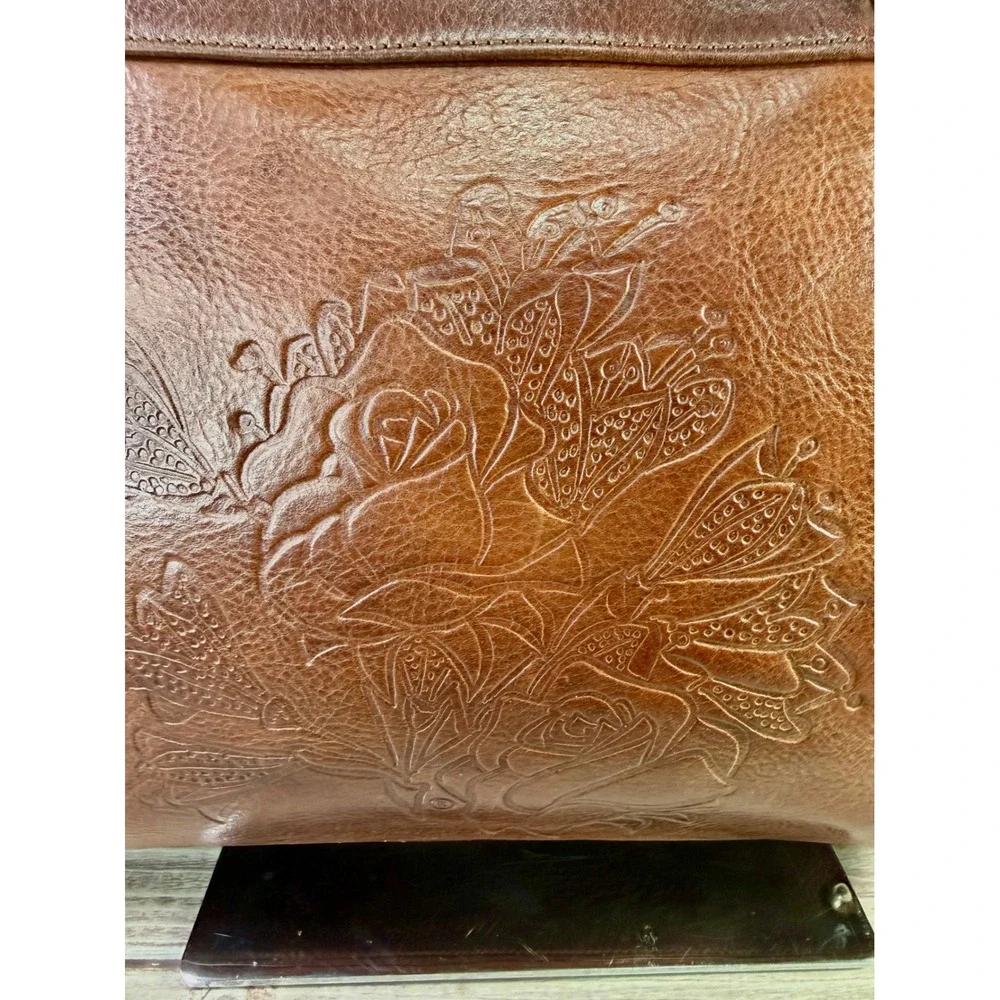 Marino Orlandi Brown Cognac Leather Floral Embossed Tote Bag Italy Shoulder Bag